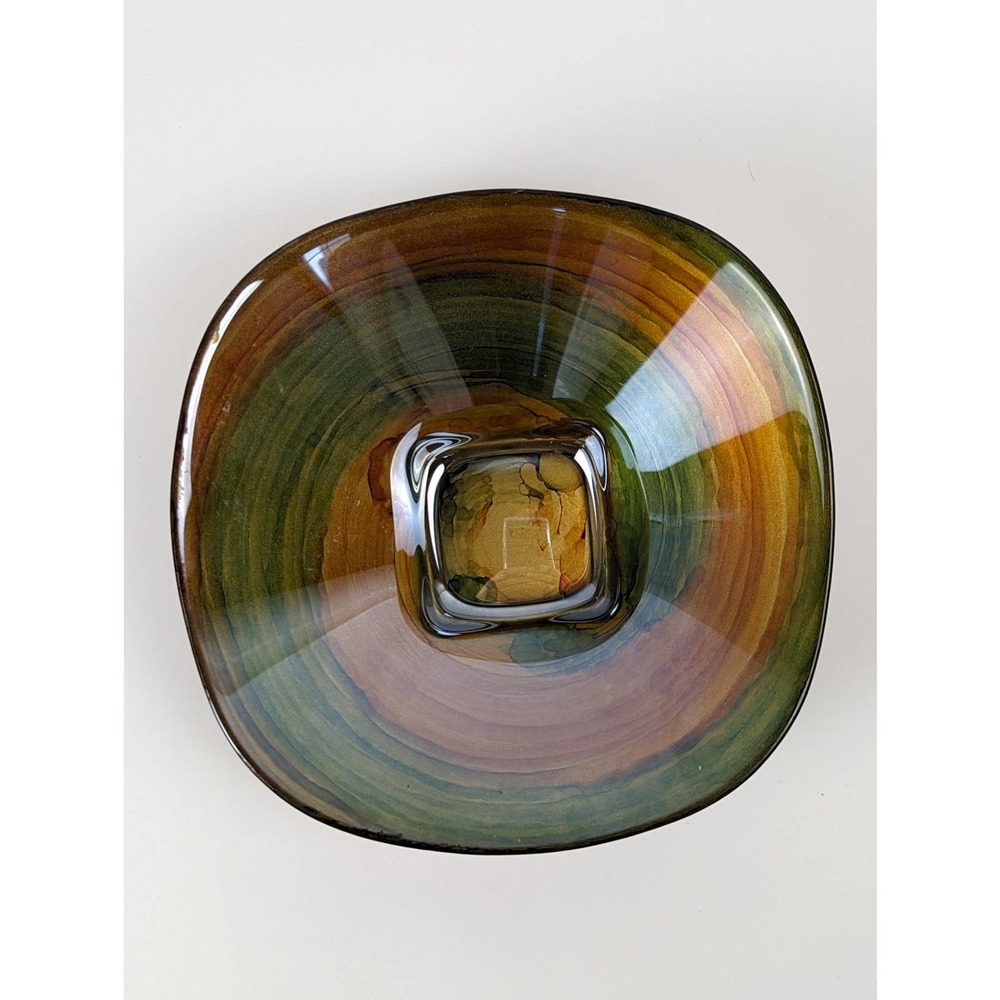 Gold Orange and Green Glass Dish Bowl Gold Gilt Backing Swirl Art